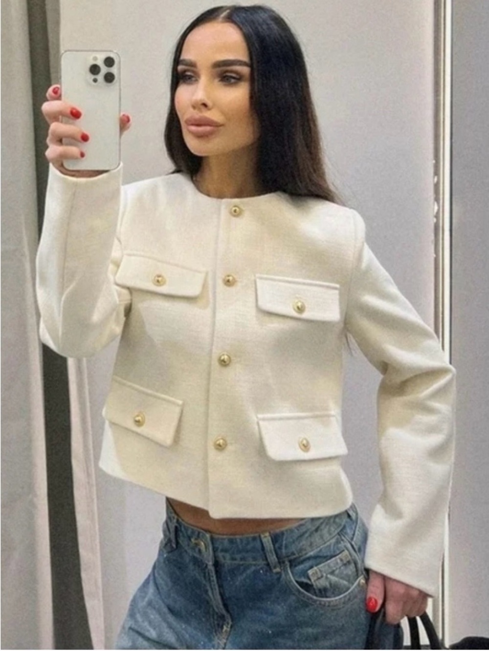 Zara Classic Cream Button-Front Cropped Jacket